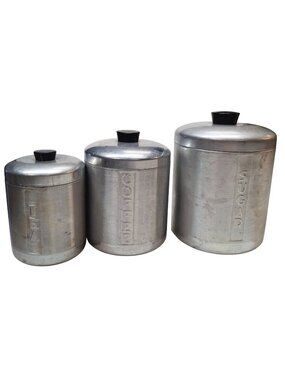 Tea Coffee Sugar Canister Set With Lids Embossed Labels Vintage A. Heller Hostes